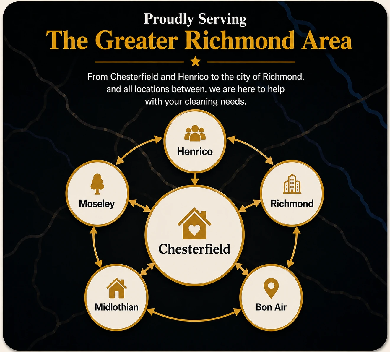 Royale Cleaning service area across Chesterfield, Henrico, Richmond, Moseley, Midlothian, and Bon Air